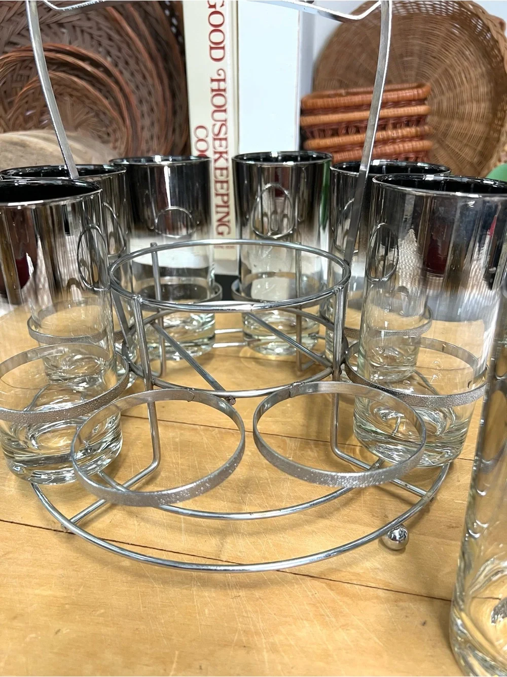 Vintage barware ice bucket glass highball tumblers caddy silver mid century